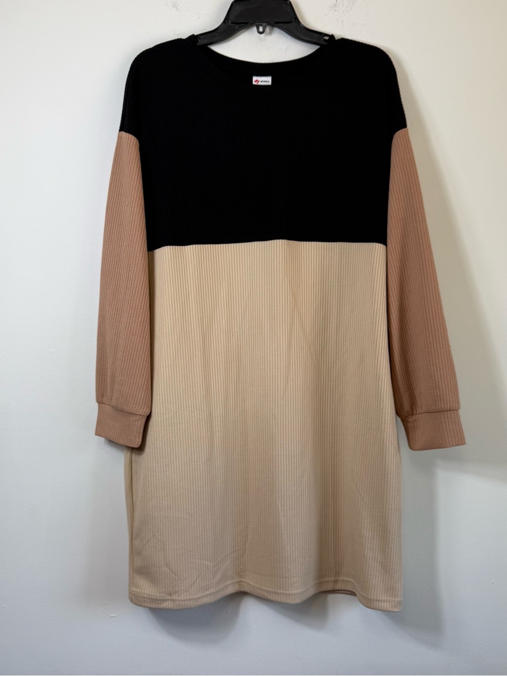 NWT Wiholl Neutral Colorblock Ribbed Knit Long Sleeve Tunic Dress Size L